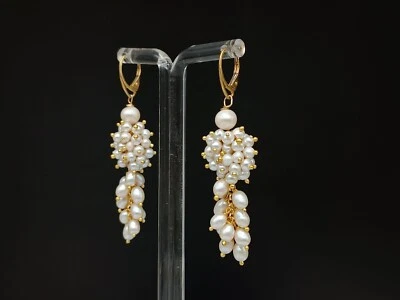 orecchini donna pendenti perla bianca ciuffo argento 925 placcato oro lunghi - Immagine 1 di 4