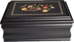 Vintage Mirror Inside Padded Sections Small Wooden Floral Black Jewelry Box - Picture 1 of 13