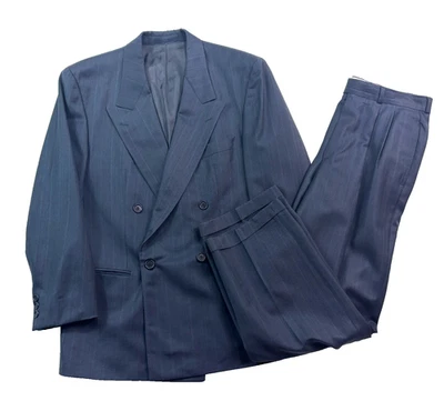 vtg 90s Hugo Boss 38S 34x30 2pc Pant Suit Navy Blue Stripe Double Breasted - Image 1 of 4