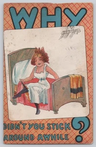 1910 Comic Postcard Carmichael Why Didn’t You Stick Around Risqué Woman in Bed - Picture 1 of 3