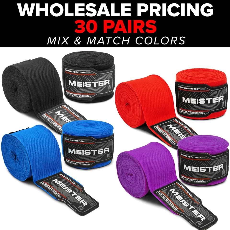 WHOLESALE 30 PAIRS - 180" SEMI-ELASTIC HAND WRAPS - MEISTER MMA Boxing MIX/MATCH - Image 1 of 1