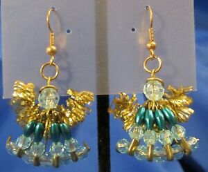 Holiday Christmas Handmade Safety Pin Angels Hook Pierce Earrings Turquoise Teal