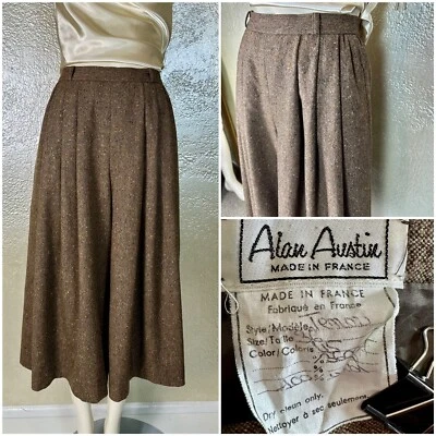 Vintage Ladies ALAN AUSTIN Brown Wool Tweed Wide Leg Culottes Pants France XXS - Image 1 of 4