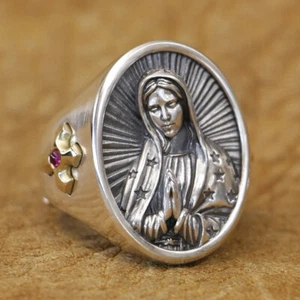 Anillo de plata esterlina 925 con cruz de la Virgen María joyería de fe católica TA507 UK N1/2~Z5 - Imagen 1 de 28