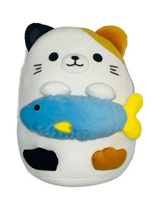 Brand New Takashoji 14" Neko Cat Holding Big Fish Plush White Blue Mochi - Picture 1 of 2