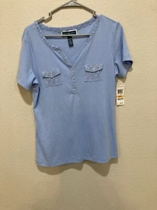 Karen Scott Women's Small Blue V-Neck Lace Panel Short Sleeve Pullover Blouse - Picture 1 of 4