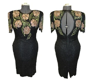 Scala Vintage 80s Black Silk Sequin Beaded Formal Party Prom Dress sz L - Picture 1 of 4