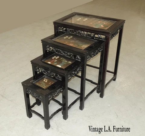 Set of Four Vintage Oriental Asian Black Nesting Tables w Decorative Table Tops Cover