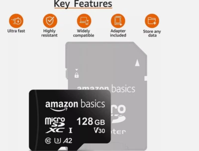 Amazon Basics 128 GB Micro SDXC Memory Card Full Size Adapter,A2,U3,Read Speed - Image 1 of 4