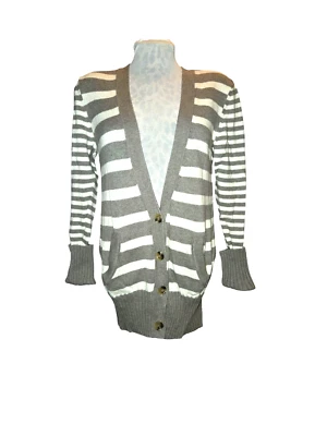 American Eagle Gray & White Striped Cotton & Wool Deep V-Neck Cardigan Size L - Image 1 of 4