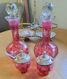 Vintage Etched Cranberry Glass Silver Plated Cruet Set Red Decanters 70s - Picture 1 of 9