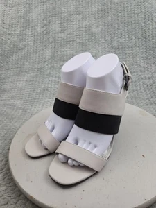 Tahari Peace Block Heel Sandals Womens Size 8 Gray Black Leather Open Toe - Picture 1 of 10