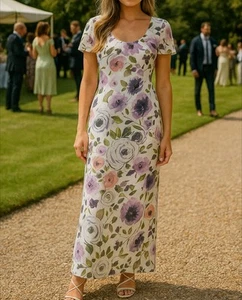 Laura Ashley 100% silk cream and floral purple pattern lined dress size UK 10 M - Picture 1 of 17