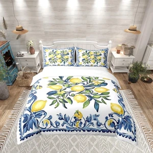Funda nórdica estilo granja algodón puro king, niñas niños niños botánica limón... - Imagen 1 de 7