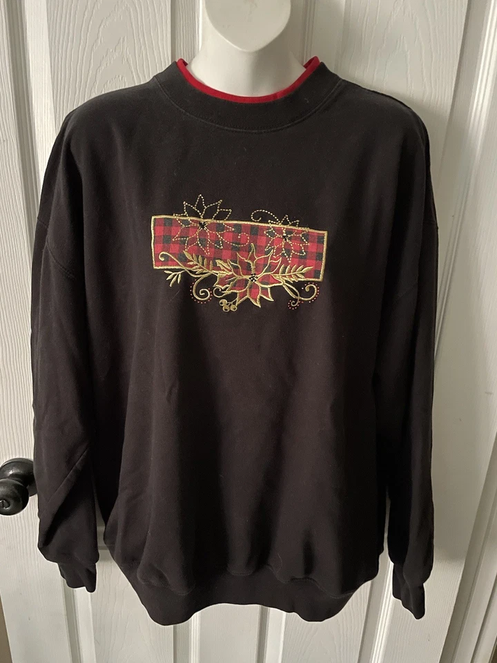 Sudadera Vintage Negra Cuello Redondo Búfalo Cuadros Negra/Roja Poinsettia Talla 1X  Foto 1 de 4