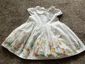 Next Baby Girls White Blue Polka Dot Duck Rabbit Garden Scene Dress 6-9 Months - Picture 1 of 3