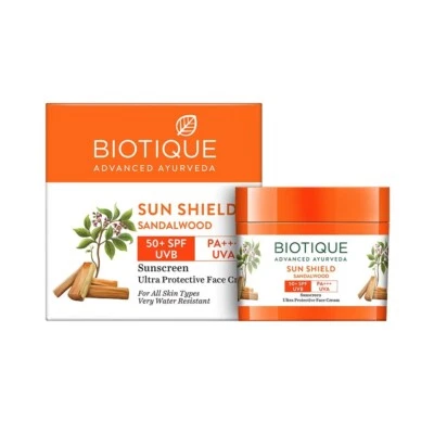 Biotique Sun Shield S&alwood 50+SPF Sunscreen Ultra Protective Face Cream 50gm. - Image 1 of 4