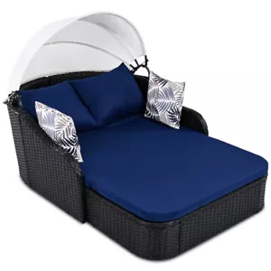 Outdoor Patio Sunbed Double Lounge Chair Daybed w/Retractable Canopy & Cushion - Picture 1 of 10