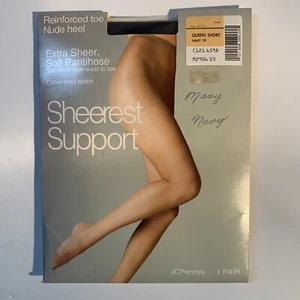 JC PENNEY SHEEREST SUPPORT PANTYHOSE PLUS SIZE QUEEN SHORT 1X, NAVY, NEW IN PKG - Picture 1 of 5