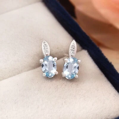 Makellos Himmelblau Aquamarin Edelstein Ohrringe 925Silver Handgemacht 6x4MM - Bild 1 von 3