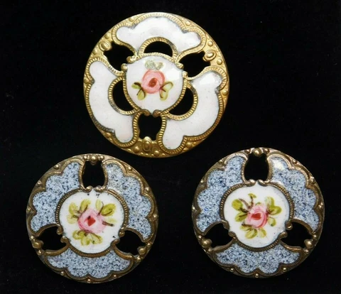 Antique Vtg BUTTONS 3 Pierced Brass Enamel w Tiny Emaux Peints Roses NICE! Cover