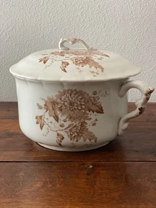 English Antique Brown & White Transferware Chamber Pot w/ Lid - Picture 1 of 8