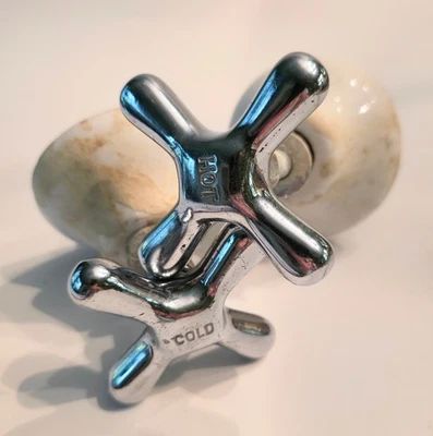 Pair Antique Chrome & Porcelain Hot & Cold Faucets As Is Parts - Image 1 of 4