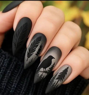 Raven 24 Pc Black Bird Night Nail Tips Boxed Glue & Tabs Nails Gothic Halloween - Image 1 of 4