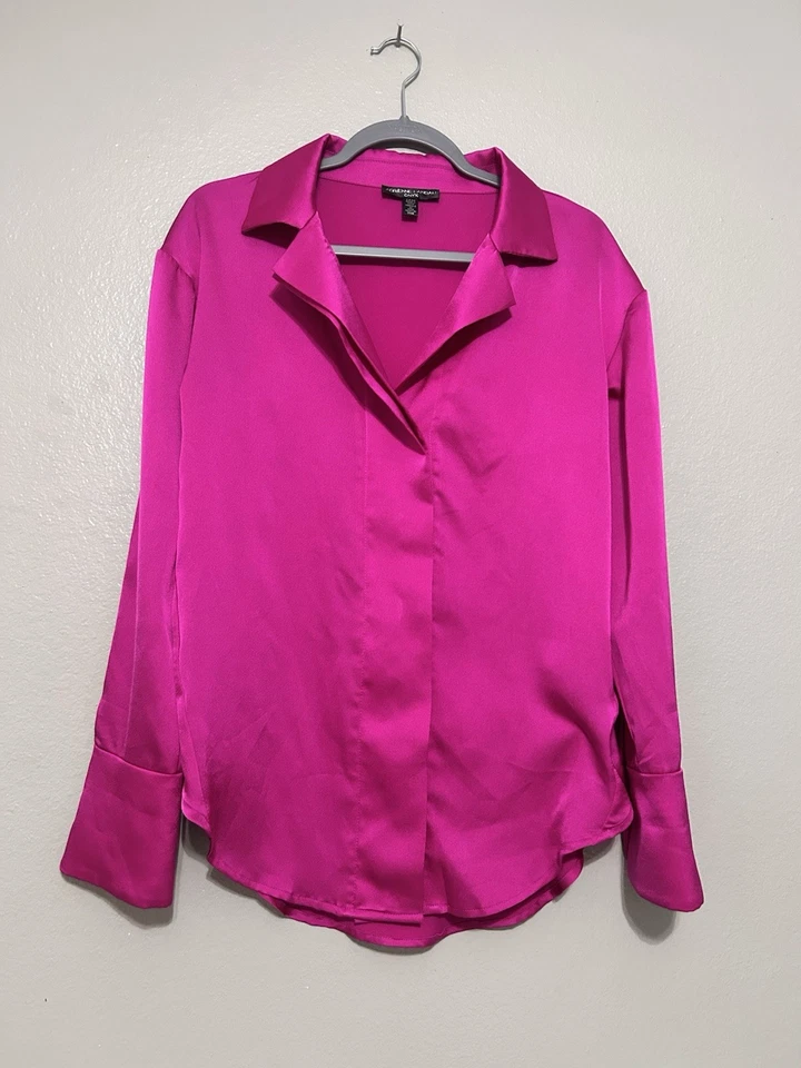 Blusa Adrienne Landau Elegante Fucsia Abotonada Con Borde Brillante Cadena Nueva con Etiquetas Talla S Foto 1 de 4