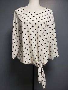 Talbots Womens White Polka Dot Blouse Size L Tie Bottom Pullover Keyhole Back - Picture 1 of 11