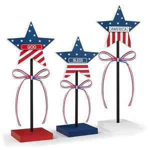 4th of July Tiered Tray Decor Wooden Star Set Rustic Patriotic Red White - Picture 1 of 7