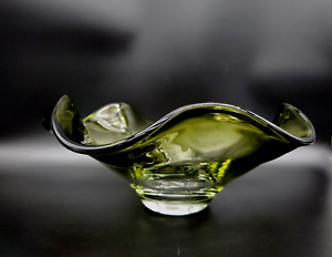 Lge Olive/Avacodo Green Sommerso Art Glass Console Bowl W Ruffled Edge 27cm