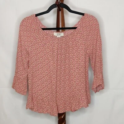 Vintage America women's size S top red brown print boat neck 3/4 sleeve ruffles Foto 1 de 4