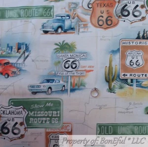 BonEful FABRIC FQ Cotton Quilt Brown USA Map VTG Antique Car Route 66 American L - Picture 1 of 14