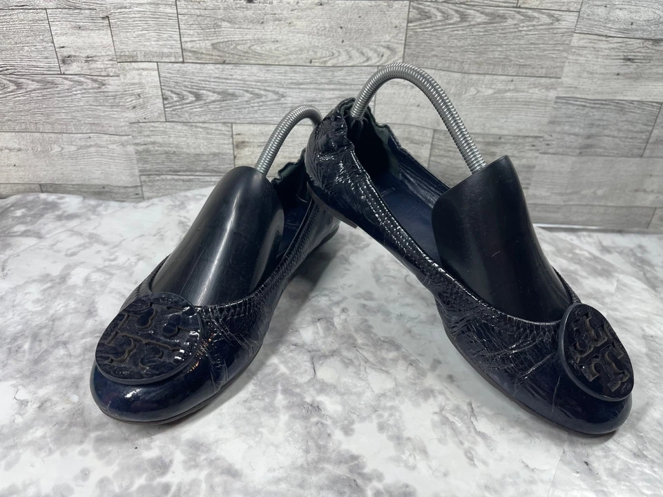 Mocassim Tory Burch Ballet Flats Feminino 9M Reva Preto Azul Patente - Imagem 1 de 4
