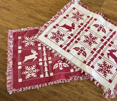 Juego de 2 Manteles Tejidos con Flecos Rojo Copo de Nieve Reno Navidad Reversible Foto 1 de 4