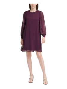 CALVIN KLEIN Womens Purple Lined Back Tie-cuffs Balloon Sleeve Dress Petites 0P - Picture 1 of 11