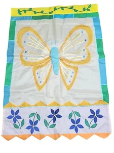 Embroidered Applique House Flag Large Butterfly Flowers Two-Sided 38.5" x 27.5" - Picture 1 of 5
