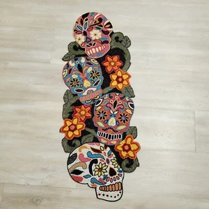 Beaded Sugar Skull + Flowers Table Runner Day Of The Dead Halloween Colorful - Picture 1 of 4