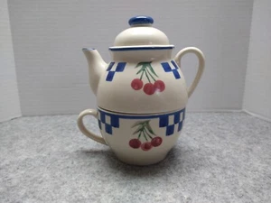 Tea Pot and Mug Stackable Set White Blue Cherry Capasity 16oz Each - Picture 1 of 10