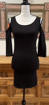 Vintage Forever 21 Black Cold Shoulder 3/4 Sleeve Scoop Neck Mini Dress New Sz S - Image 1 of 4