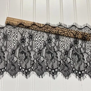 3 Yards Black Floral Eyelash Mesh Lace Trim for Sewing/Crafts/ 7" Wide - Picture 1 of 12