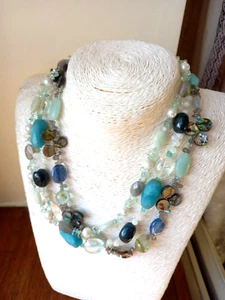 Chalcedony & Abalone Gemstone Necklace 3 Strands 925 Silver Fastener Stunning - Picture 1 of 9