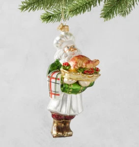 Williams Sonoma Glass Ornamentn Chef Santa Claus with Turkey - Picture 1 of 1
