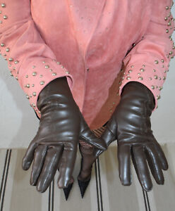 Lackhandschuhe Handschuhe Lack Braun Lederhandschuhe antik Gloves Kunstleder 7,5