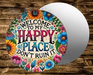 WELCOME TO MY HAPPY PLACE color redondo metal letrero coronas artesanías miniaturas - Imagen 1 de 1