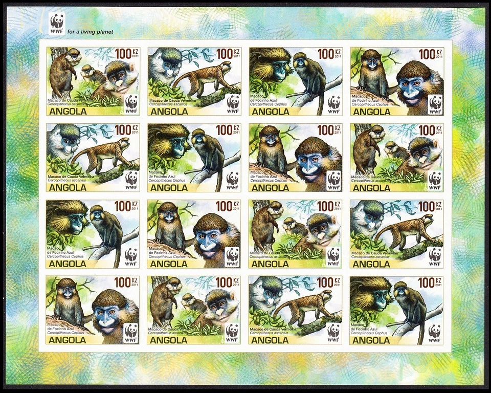 Angola WWF Monos Guenones Hoja de 4 juegos Imperf 2011 MNH SG#1815-1818 Foto 1 de 1