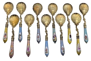 11 ~ VINTAGE Gold Washed .800 Silver / Porcelain Coffee Spoons SCALLOPED - Picture 1 of 6