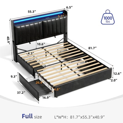 Marco de cama king completo con cajones de almacenamiento y cabecero de almacenamiento tapizado LED EE. UU. Foto 1 de 4