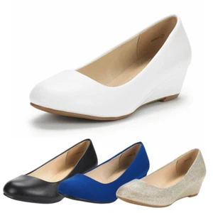 Women Low Chunky Wedge Heel Round Toe Comfortable Slip On Pump Shoes - Picture 1 of 16